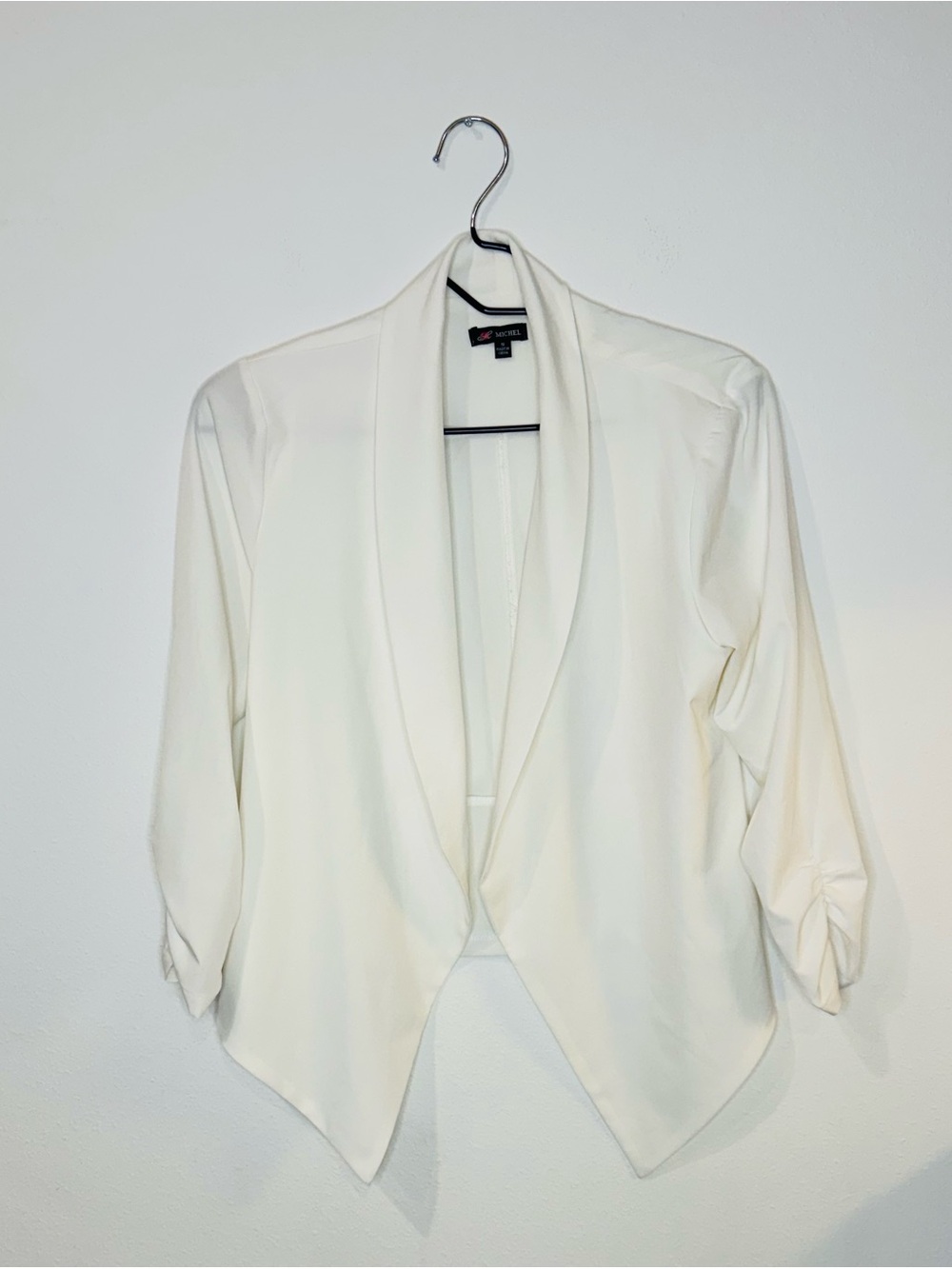 Michel White Open Front Blazer Jacket Ruched Sleeve Size Small